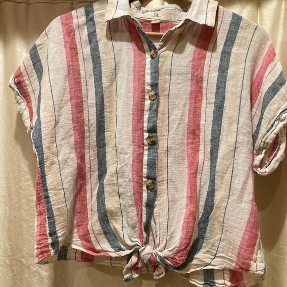 100% Linen Threads Button Up Top Striped-Large - Picture 1 of 5